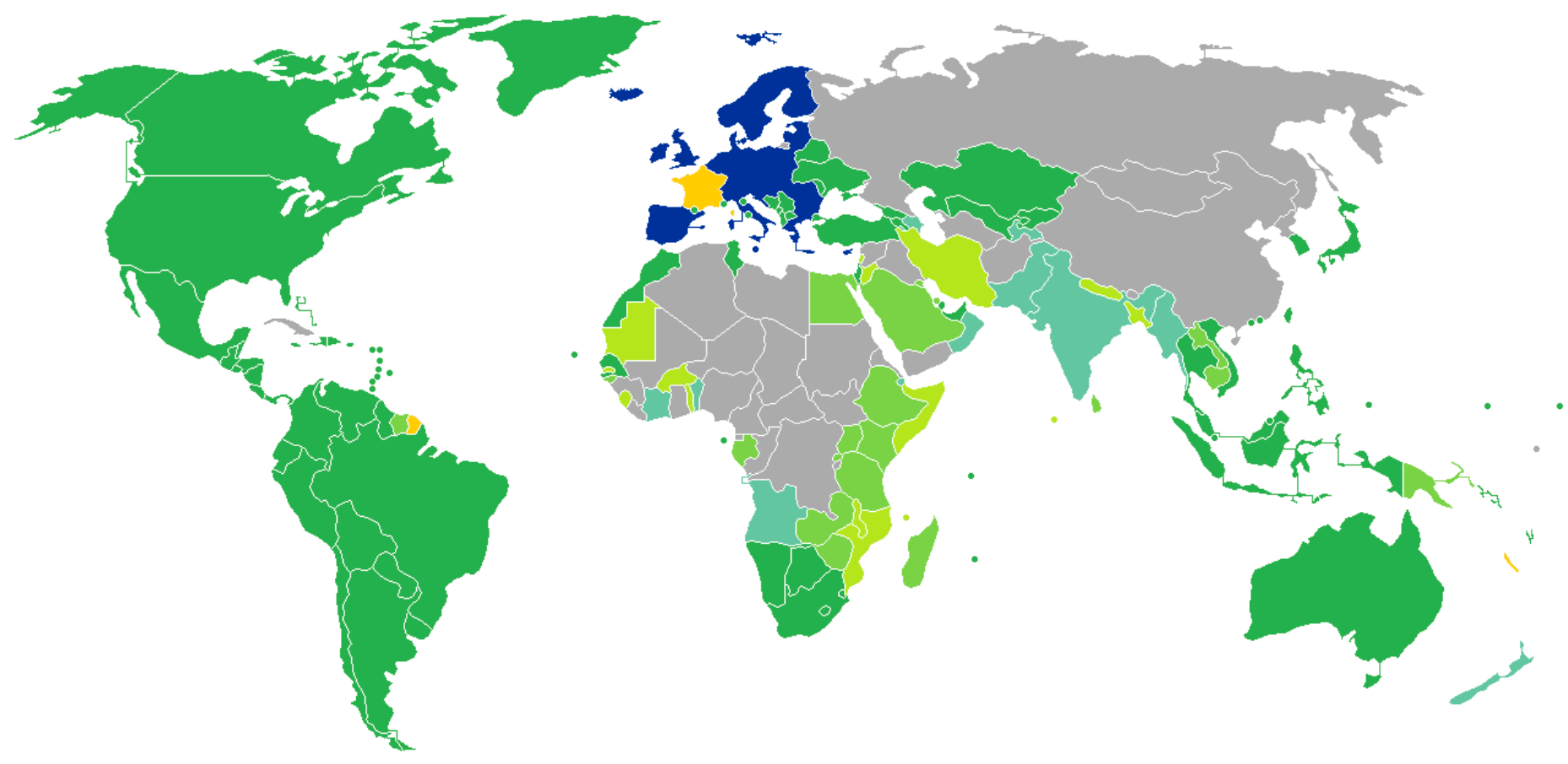 World map of visas for French citizens